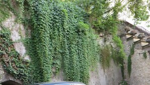 Un coche negro estacionado en una calle adoquinada junto a una pared de piedra cubierta de hiedra verde.
