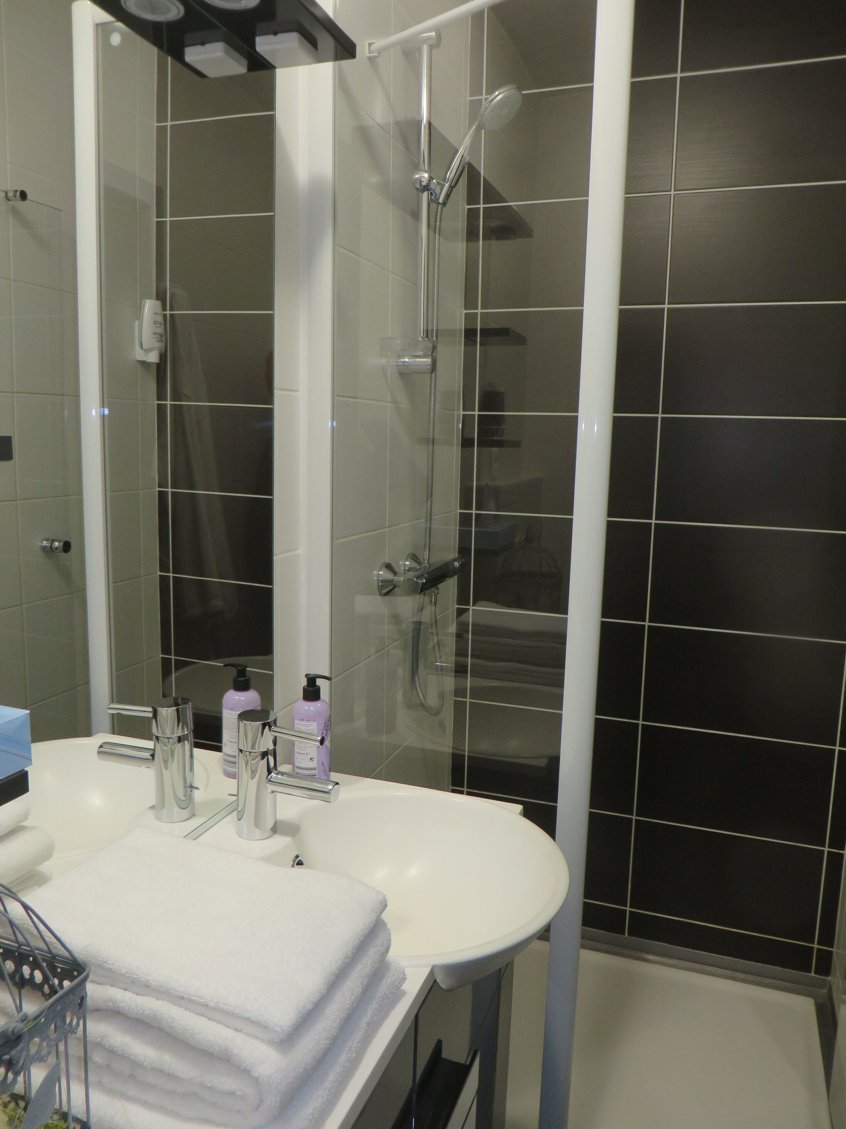 A modern bathroom with a white sink, two chrome faucets, a glass shower enclosure, and a stack of white towels on the counter.