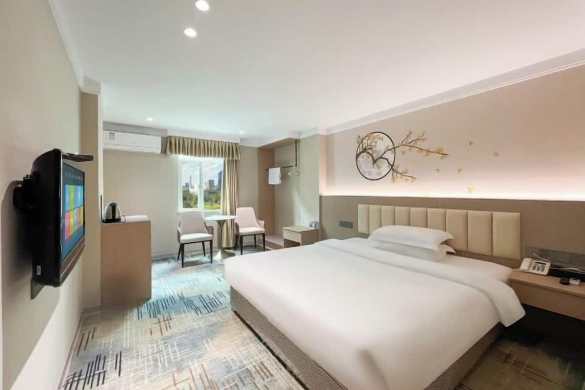 Una habitación de hotel con una cama grande, televisión, escritorio y una silla.