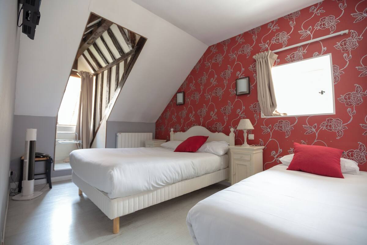 Une chambre avec deux lits, une fenêtre avec des rideaux, un radiateur et un mur orné d’un motif floral.