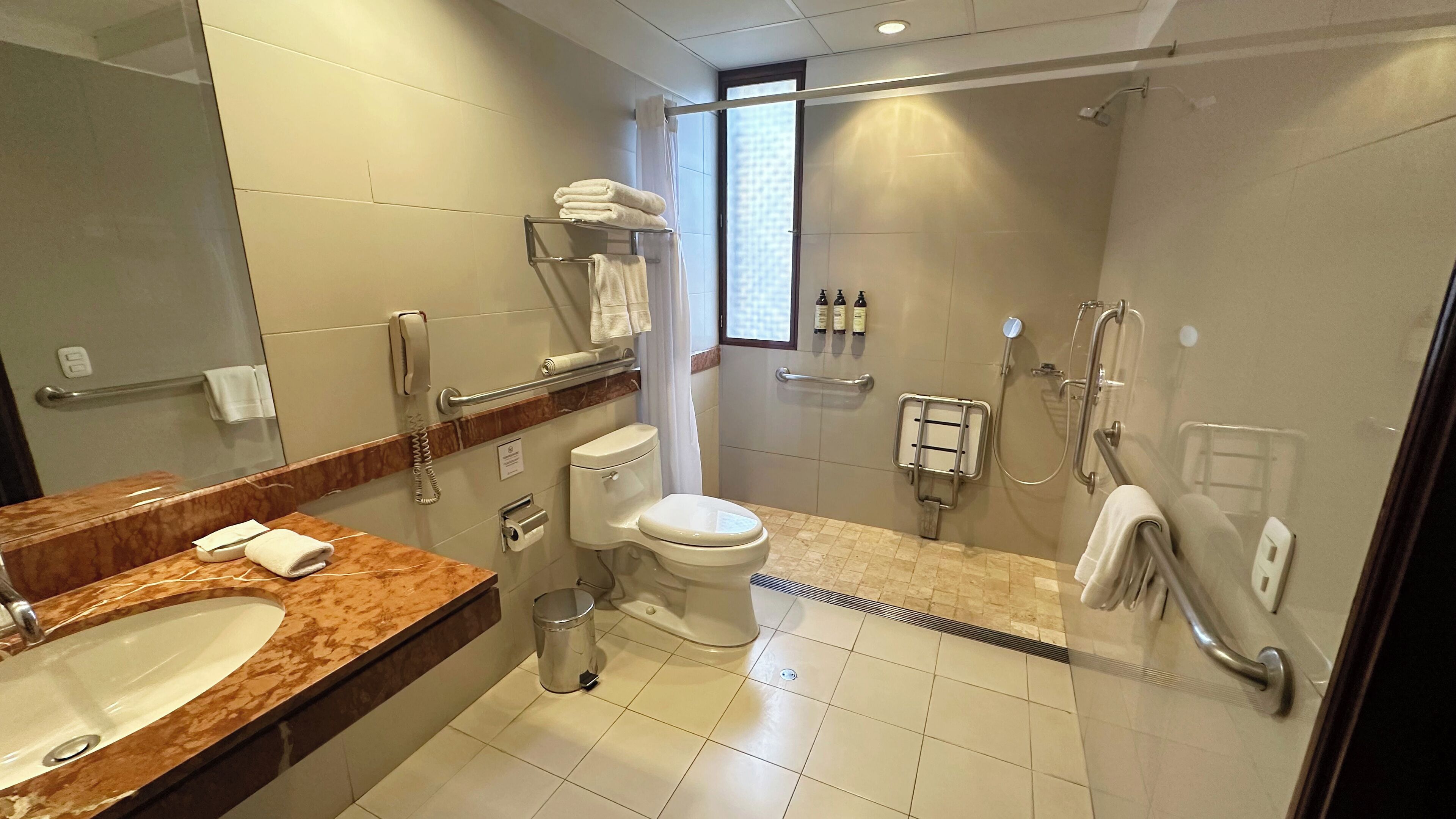 A modern bathroom with a marble countertop sink, a toilet, a shower with grab bars, and a glass-enclosed shower area.