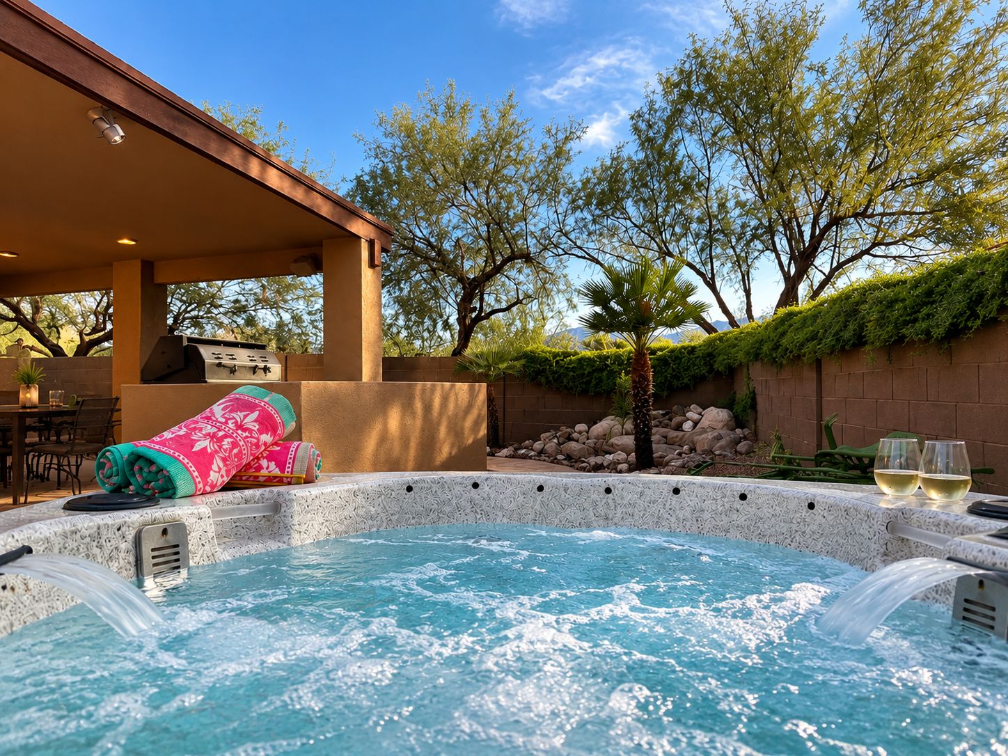 A hot tub with a stone surround, a covered patio area, and a view of trees and a clear sky.