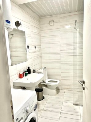 Hair dryer, towels, shampoo, toilet paper