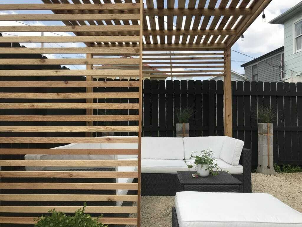 A wooden pergola structure with a white sofa and a small table with a plant.