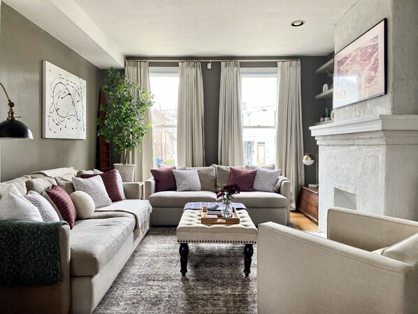 Smart TV, fireplace, video library