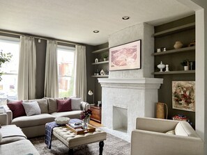 Smart TV, fireplace, video library