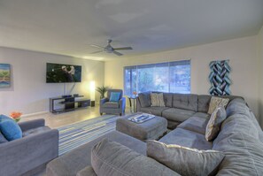 Smart TV, chimenea, reproductor de DVD y libros 