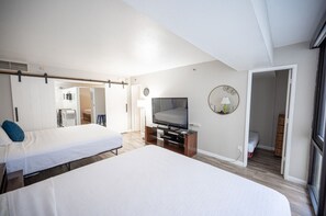 Un dormitorio con dos camas, un televisor, un espejo y una puerta que da a otra habitación.