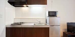 Apartment Type Twin | Private kitchen | Full-sized fridge, microwave, stovetop, electric kettle