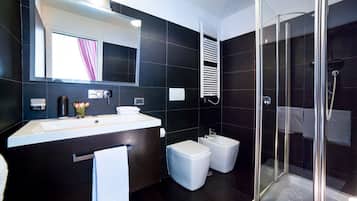 Shower, hair dryer, bidet, towels