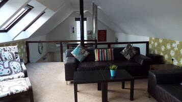 Smart-tv, dvd-spelare, böcker och ett filmbibliotek