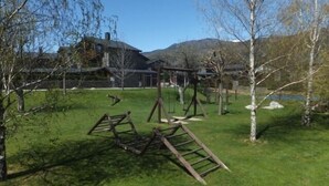 A grassy outdoor area with swings and a climbing structure.