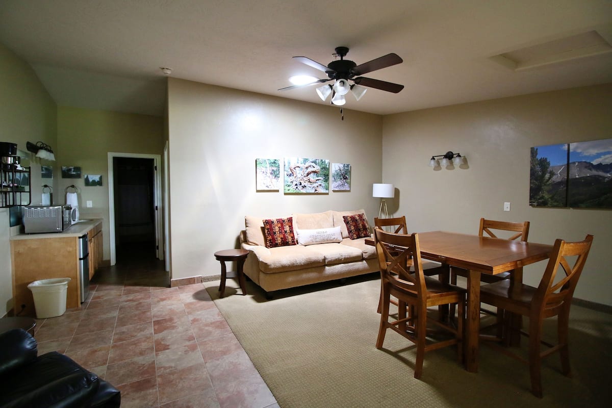 A living room with a sofa, a dining table with chairs, a ceiling fan, and a kitchen area with appliances.