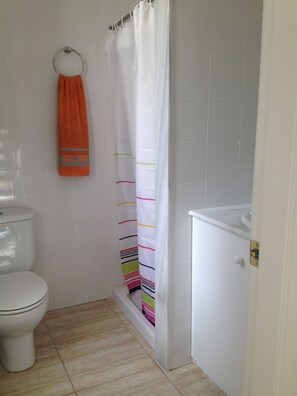 Shower, hair dryer, towels, toilet paper