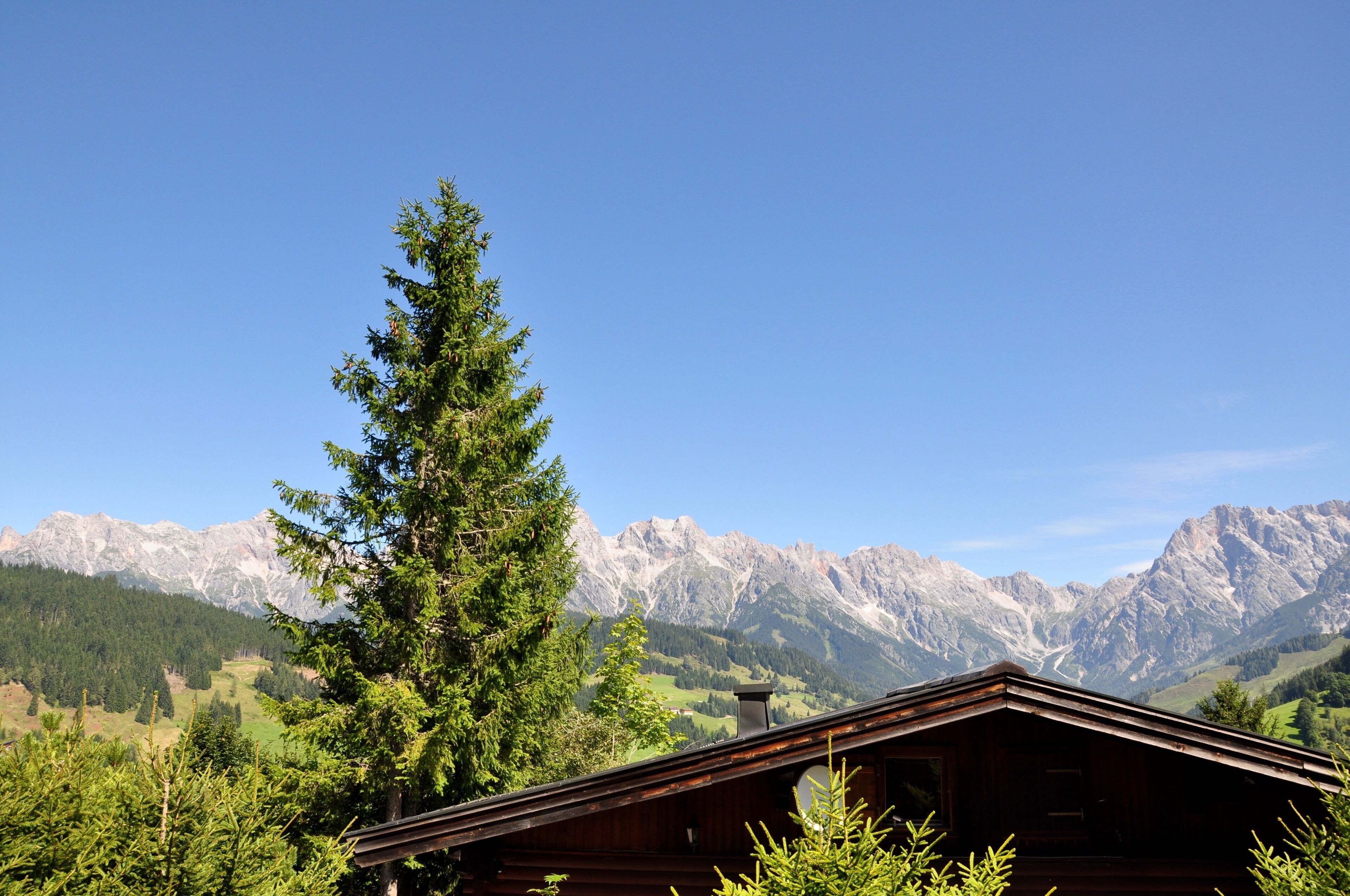 A mountain cabin with a wooden roof, surrounded by lush greenery and a backdrop of snow-capped peaks.