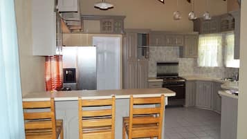 Full-sized fridge, microwave, oven, stovetop