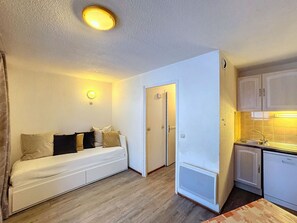 Um espaço compacto com sofá, cozinha compacta e porta para outro cômodo.