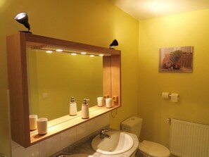 Bathtub, hair dryer, towels, toilet paper