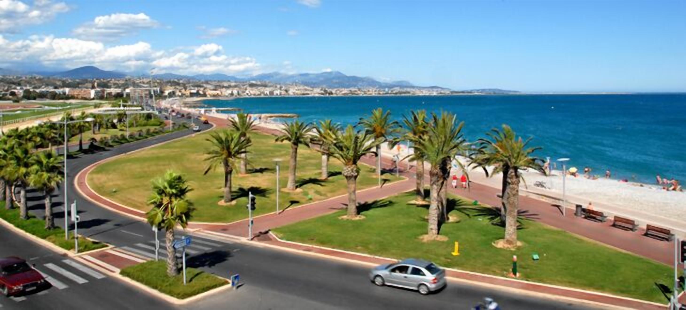 Une route côtière bordée de palmiers, une plage et une vue sur la mer.