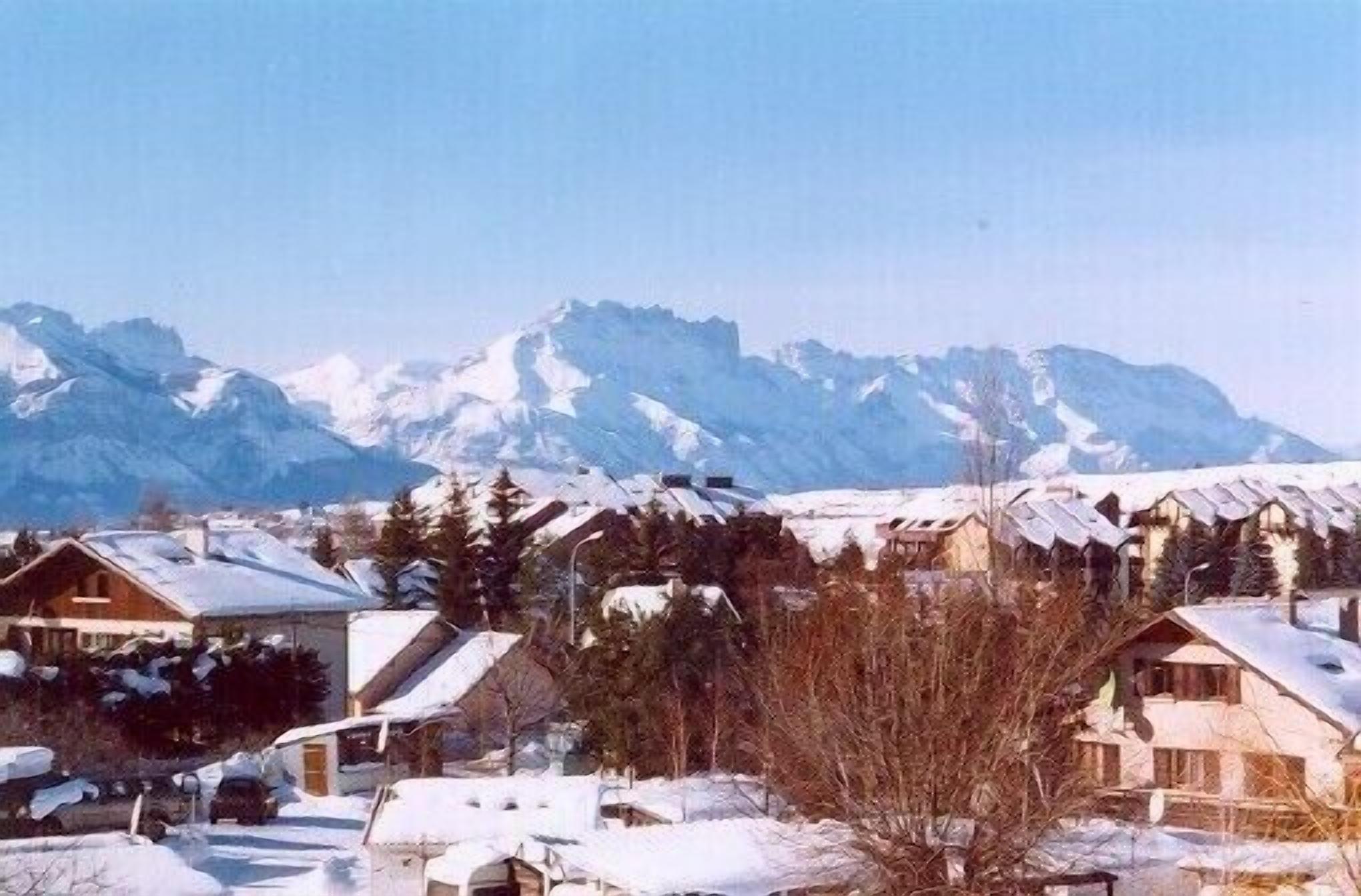 A snow-covered village with traditional wooden houses and a mountain backdrop.