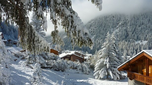 Un village de montagne enneigé, avec des chalets en bois et une forêt en arrière-plan.