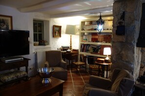 Smart-tv, een open haard, een dvd-speler en boeken