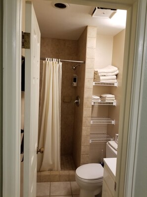 Ensemble baignoire-douche, séchoir à cheveux, serviettes fournies, savon