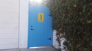 Een blauwe deur met een 'Welcome' bord en een ananas symbool, omringd door klimop.