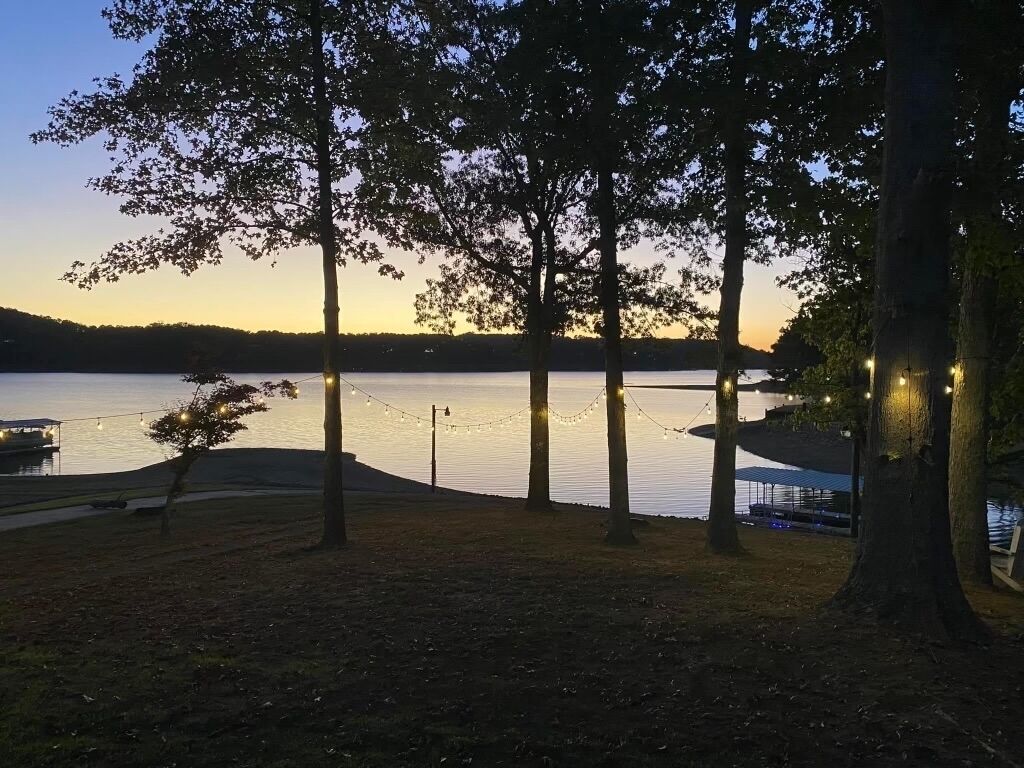 En park vid sjön i skymningen, med träd och ljusslingor.