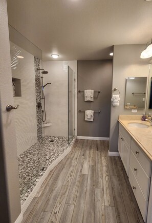 Combined shower/bathtub, hair dryer, towels, soap