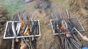 Deux grils sur lesquels on fait cuire du poisson au feu de bois.