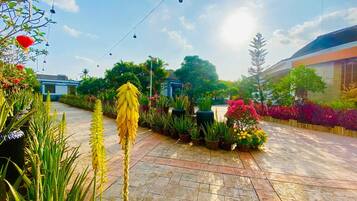 A paved pathway lined with various potted plants and flowers, leading to a building with a blue and white facade.