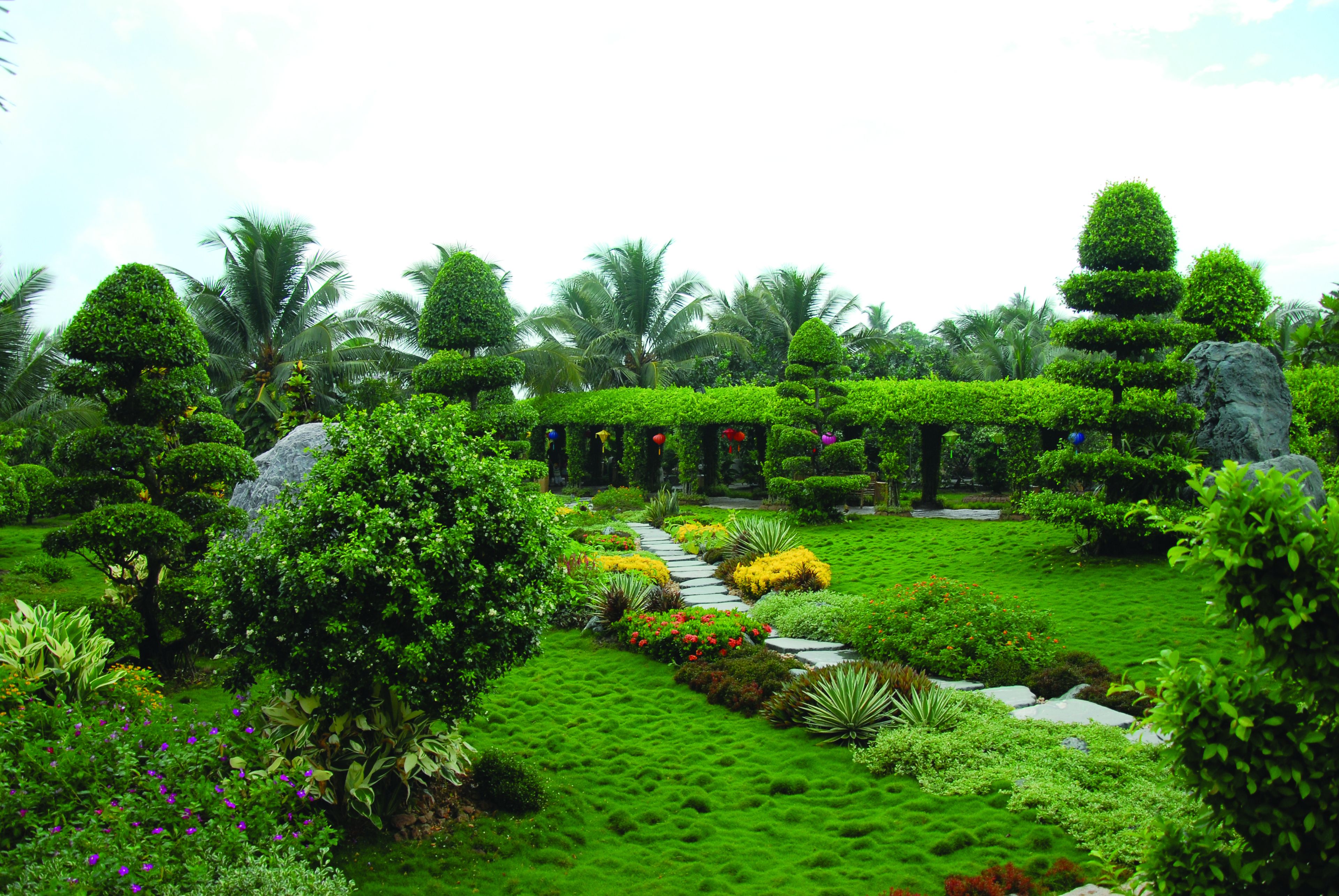 A lush garden with a variety of plants and trees, a stone pathway, and a small water feature.
