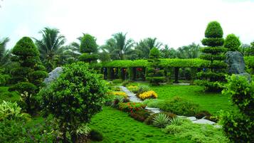 A lush garden with a variety of plants and trees, a stone pathway, and a small water feature.