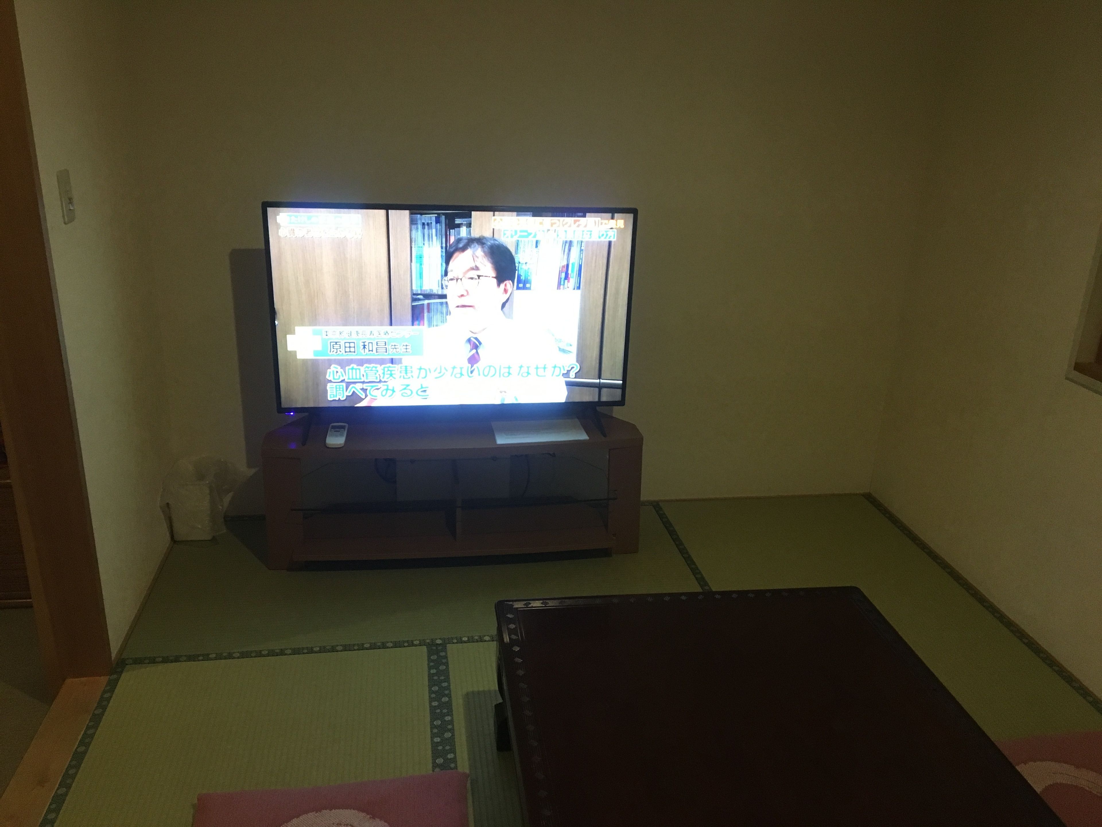 Un televisor sobre un atril de madera en una habitación con suelo de tatami.