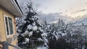A snow-covered outdoor area with a staircase leading to a building entrance, surrounded by snow-laden trees and a clear sky. - Nikko Ikoi Hotel (Nikko)