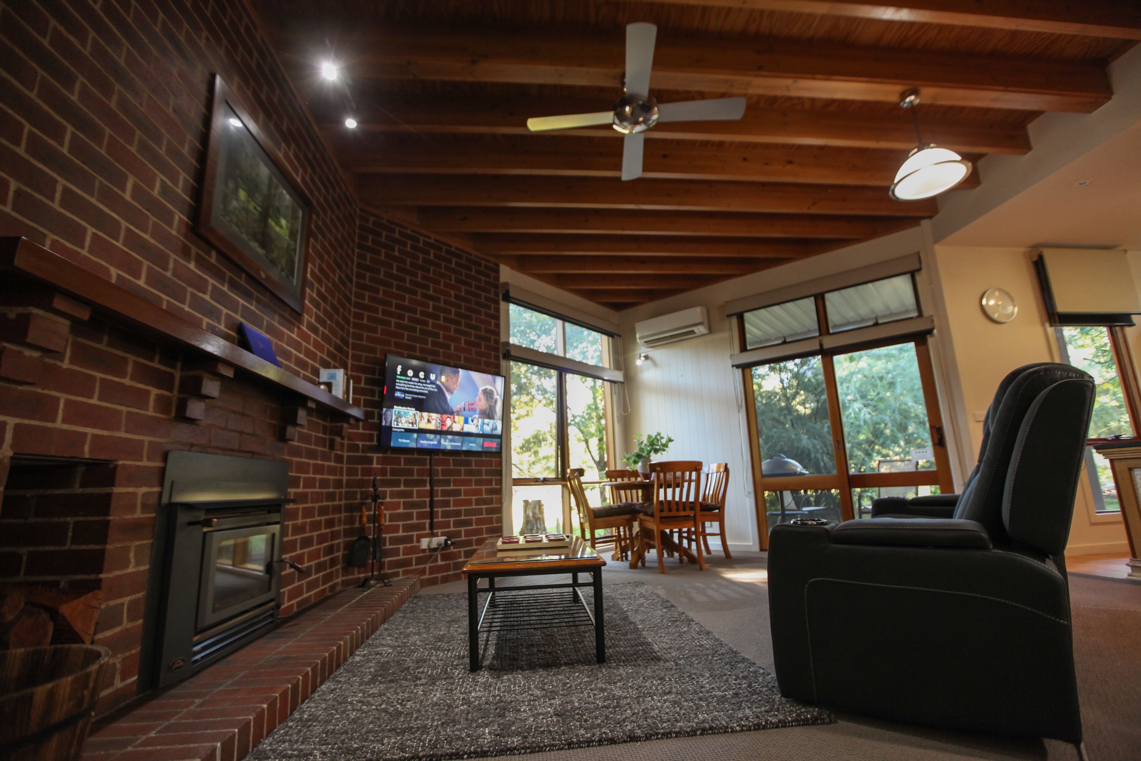 Télévision, cheminée, Netflix, lecteur de DVD