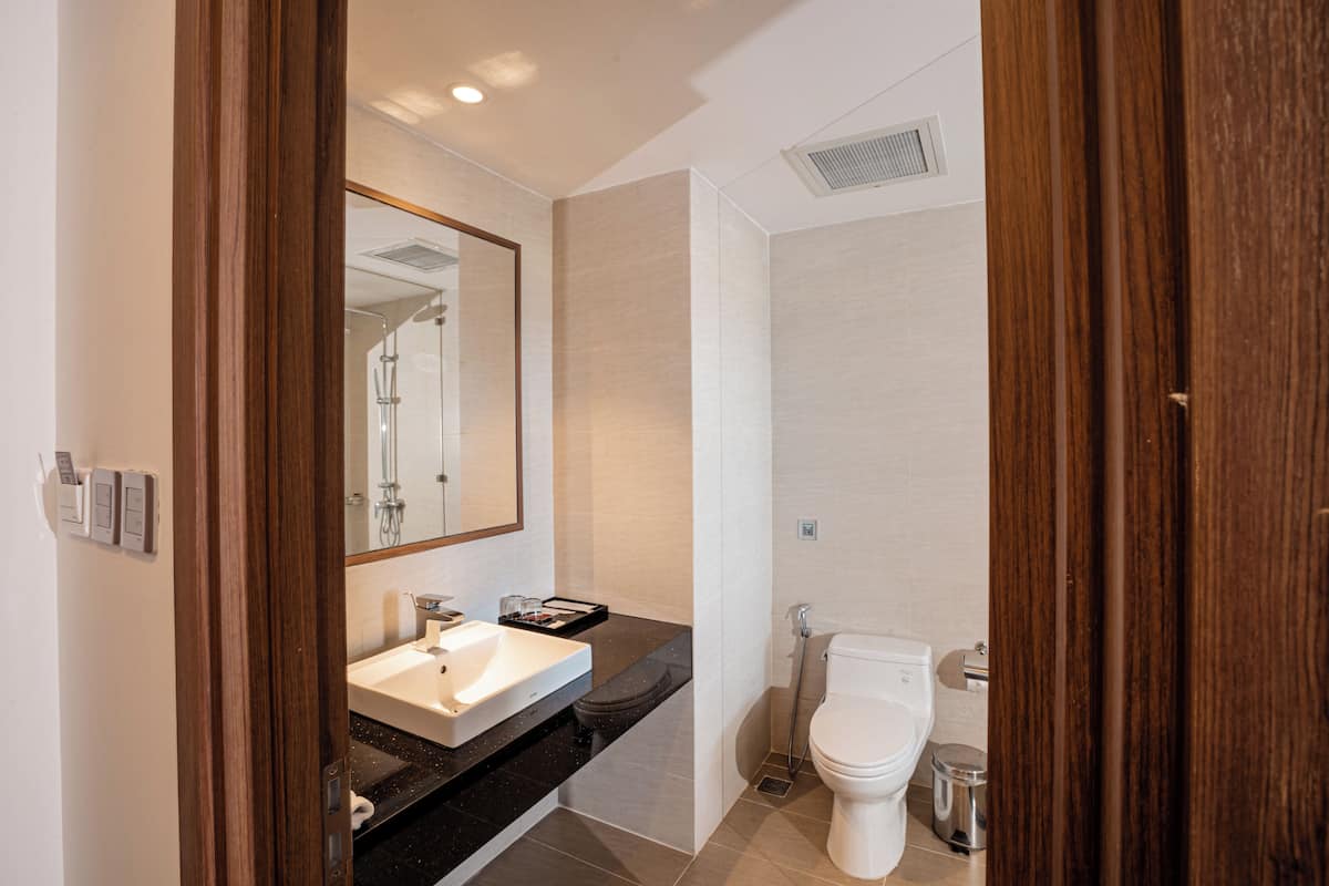 A modern bathroom with a sink, mirror, toilet, and shower.