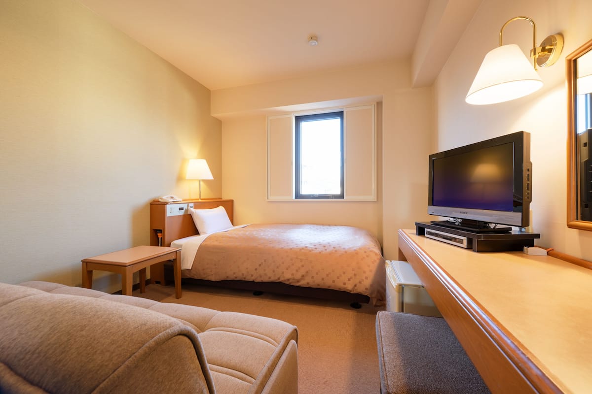 A hotel room with a bed, a desk, a television, and a window.