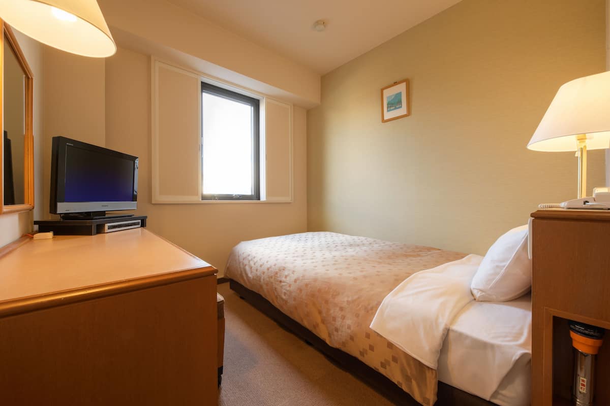 A hotel room with a bed, a television on a stand, a window, and a lamp.