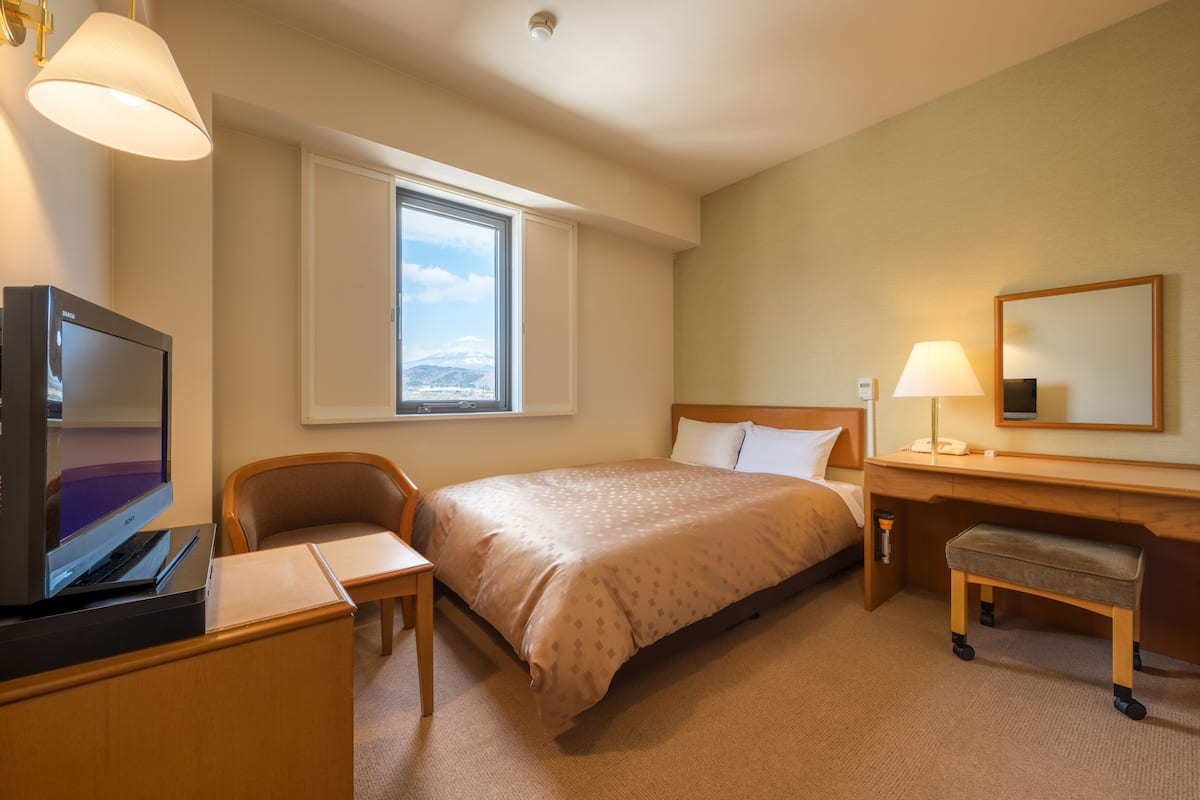 A hotel room with a bed, a desk, a chair, a television, a window, and a lamp.