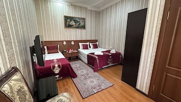 Laptop workspace, blackout curtains, soundproofing, iron/ironing board