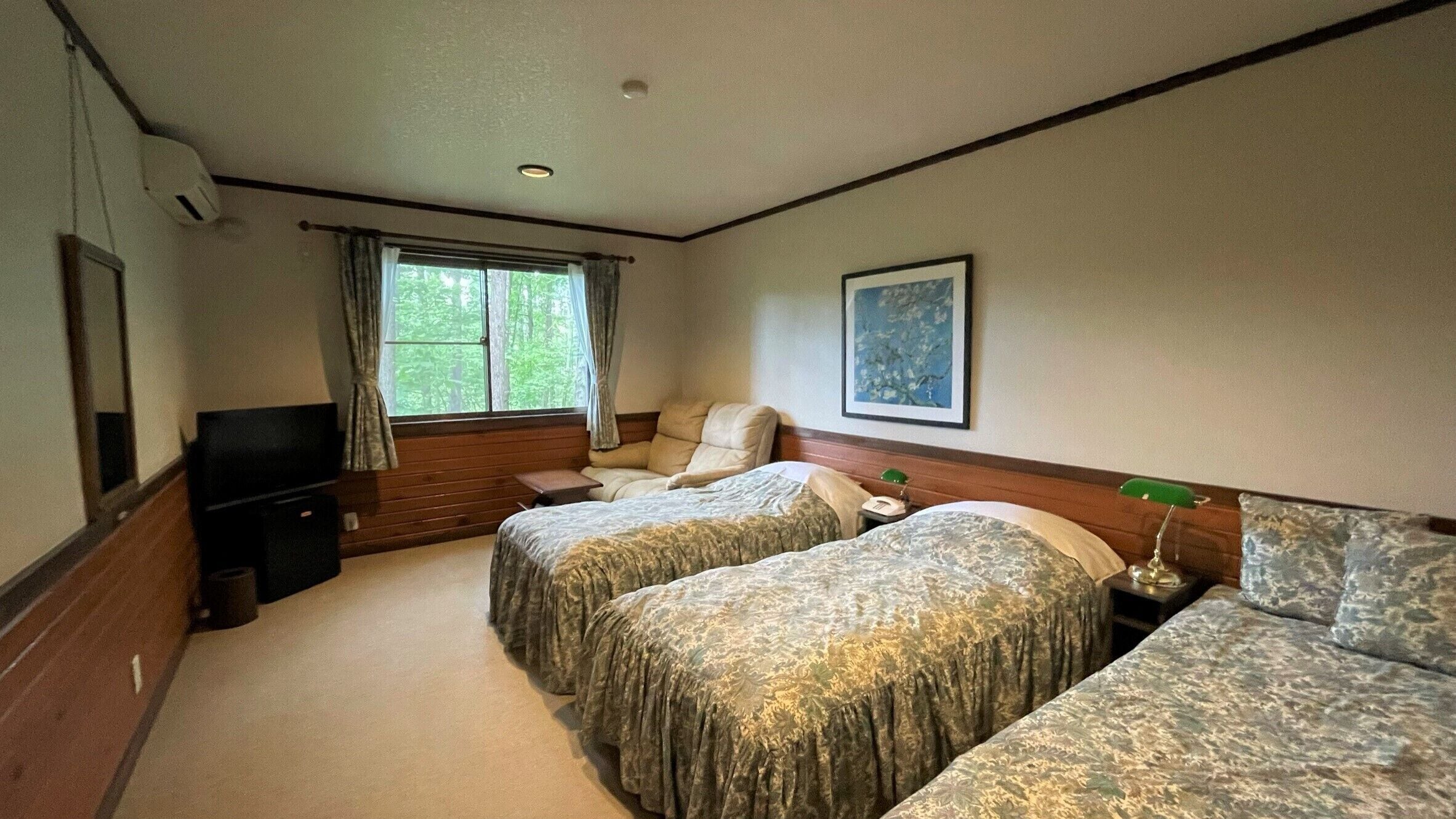 A hotel room with two beds, a window with curtains, a painting on the wall, and a television on the left.