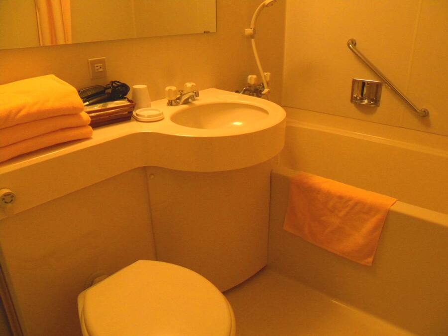 Een kleine badkamer met een wastafel, toilet en handdoekhouder.
