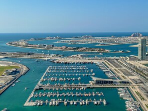 Stunning marina with boats docked in a well-organized manner, adjacent to a vibrant coastal cityscape.