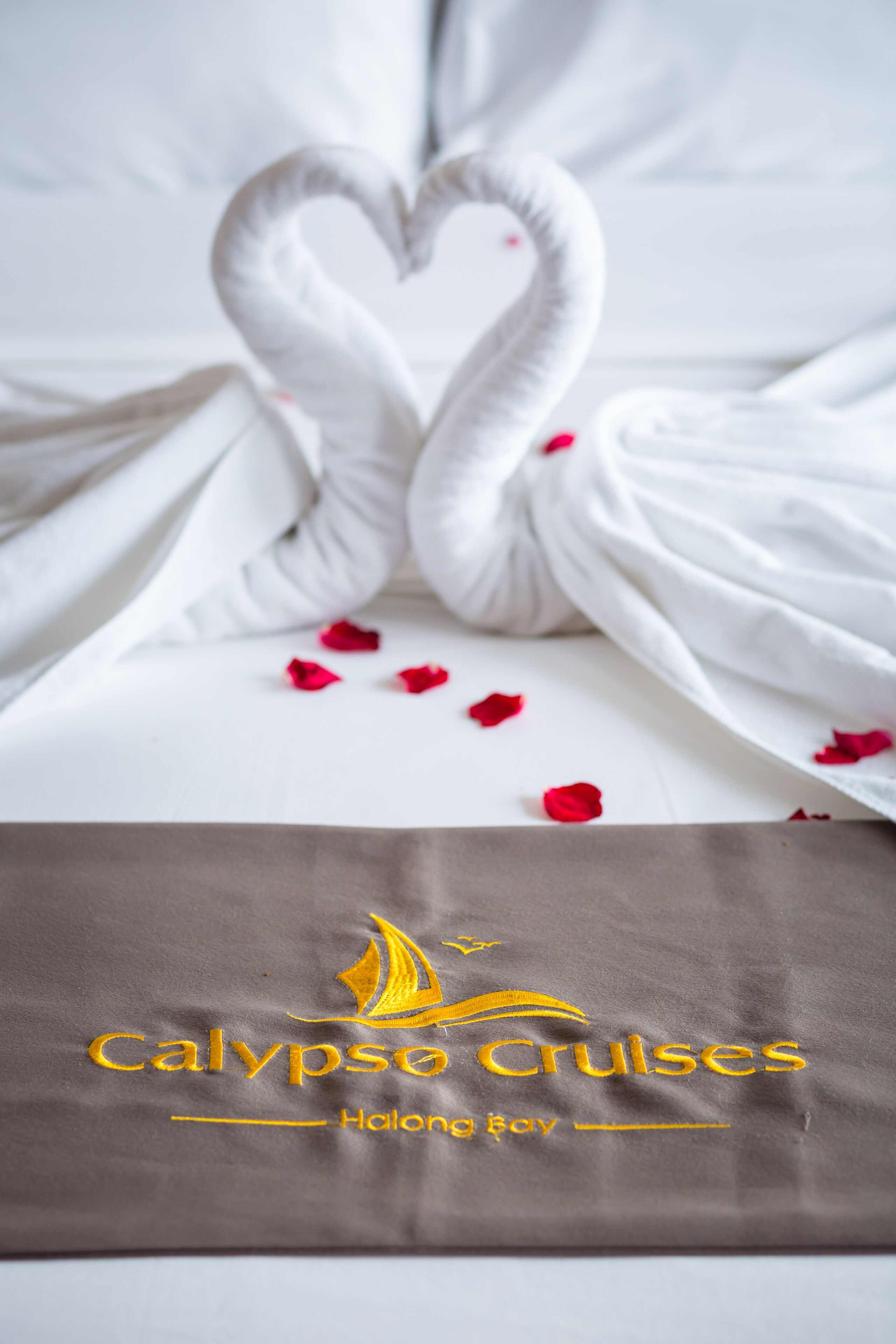 Una cama con una toalla dispuesta en forma de corazón y el logotipo de Calypso Cruises.