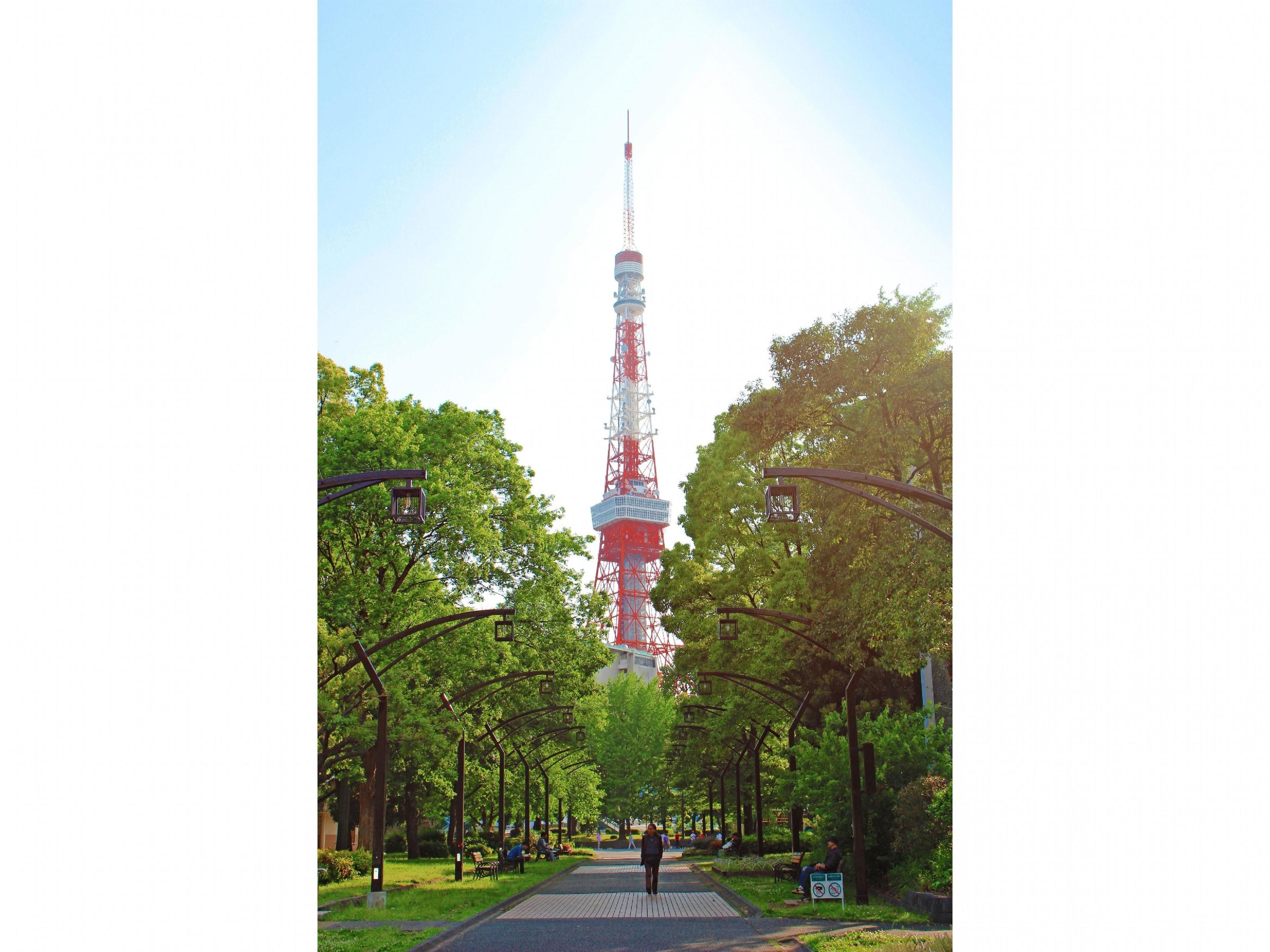 A tower with a red and white color scheme, surrounded by trees and a pathway with benches.