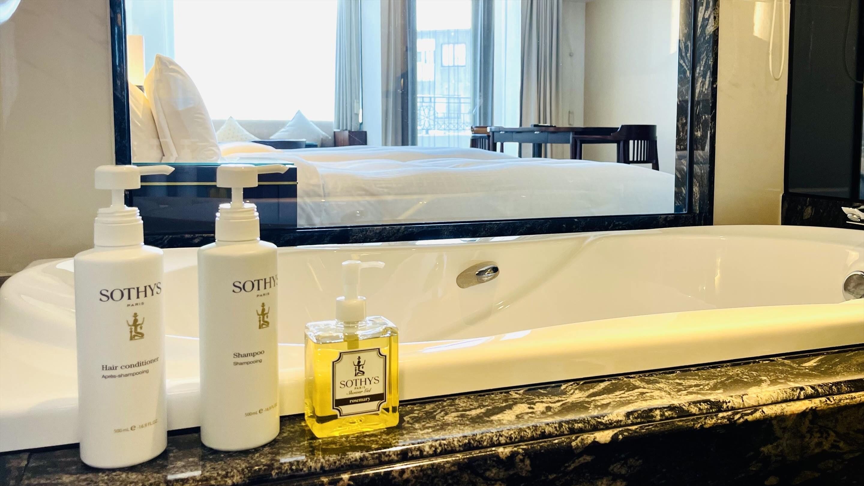 Separate tub and shower, deep soaking tub, free toiletries, hair dryer