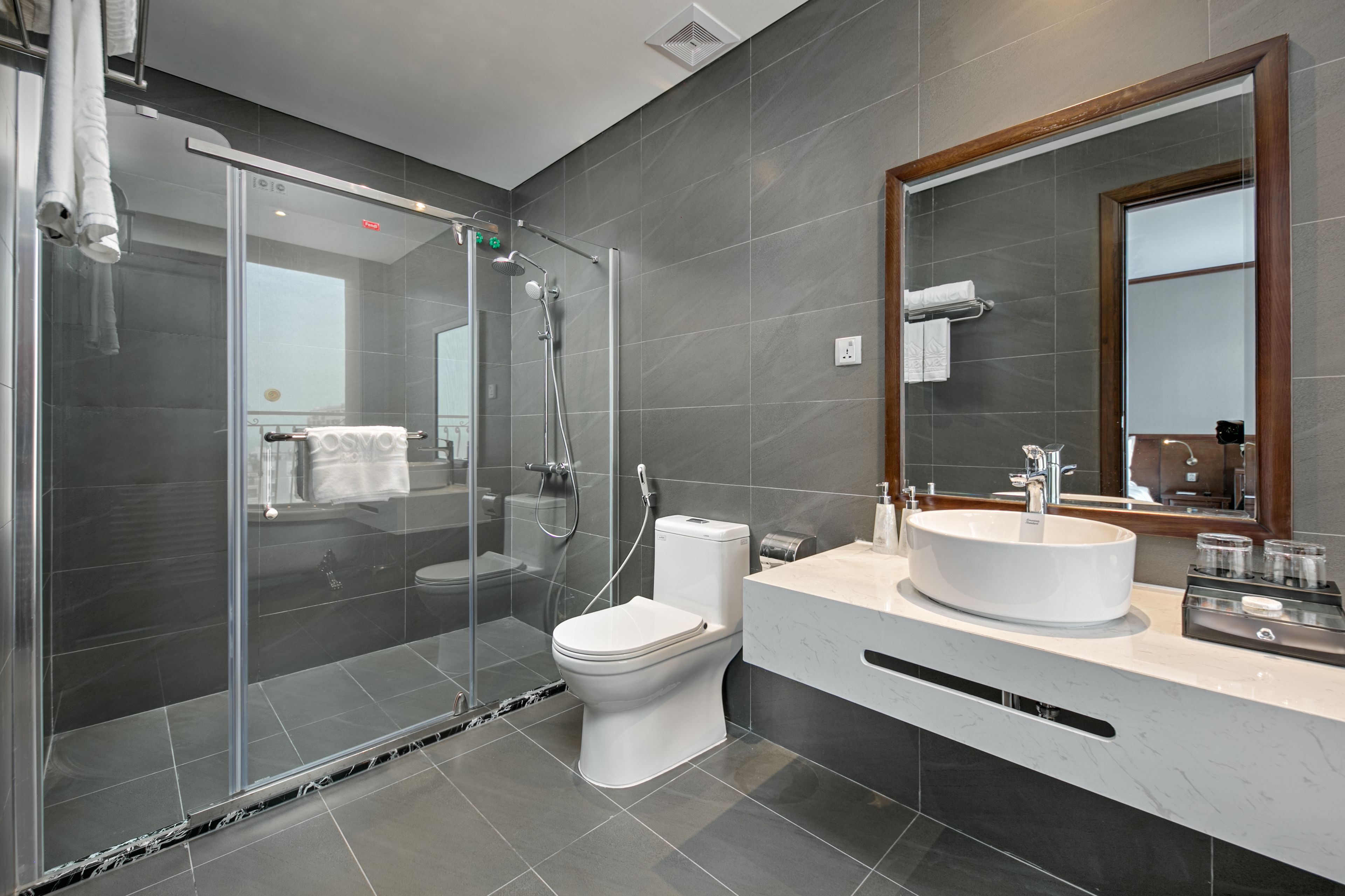 free toiletries, hair dryer, slippers, towels