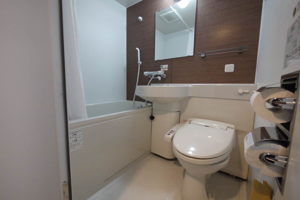 combined shower/bathtub, free toiletries, hair dryer, slippers